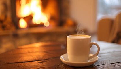 Obraz premium Inviting Scene Coffee Cup on Table by Fireplace, Creating a Cozy Ambiance