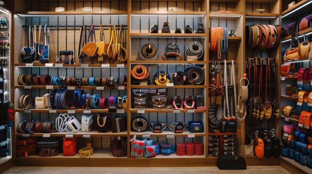 A well-stocked retail store shelf filled with ropes, tools, and equipment.  The shelves are organized and the items are neatly displayed.