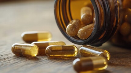 Close-up of Immune Support Capsules: A detailed view of immune support capsules in a bottle with some capsules visible outside.