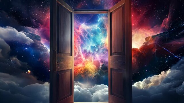 Open door leading to a cosmic landscape filled with vibrant colors, dreamlike scenery concept