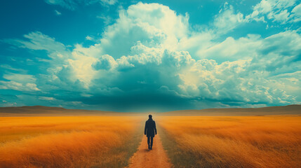 Solitary figure walking through a vast, empty landscape under a dramatic sky