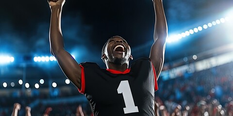 black fan cheering in stadium, blank black football jersey, red trim, white number "1" 