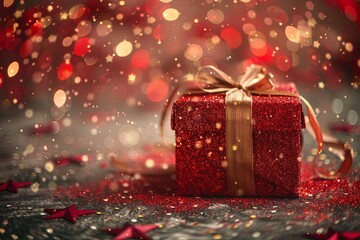 A red box with a gold ribbon sits on a table covered in glitter