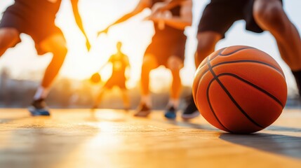 Naklejka premium Dynamic basketball scene at sunset with players in action, showcasing teamwork and sport excitement on the court.