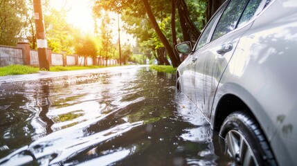 Obraz premium Car Disabled in Flooded Streets After Driving Through Heavy Rains from a Tropical Storm, Highlighting the Impact of Severe Weather Conditions