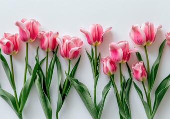 Fototapeta premium Pink tulips arranged on a white background, showcasing their vibrant colors and delicate petals, creating a fresh and inviting atmosphere