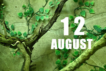 Calendar date on light green background with snake crawling on tree branch. August 12 is the twelfth day of the month