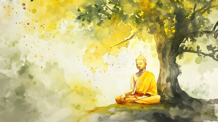 Watercolor painting of Buddha meditating under a tree.