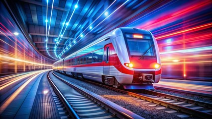 Fototapeta premium A modern high-speed train emerges from a tunnel illuminated with vibrant light streaks, symbolizing speed, progress, and the future of transportation.