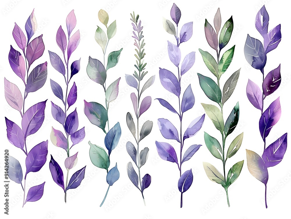 Canvas Prints Delicate Watercolor Lavender Leaves on Muted White Background