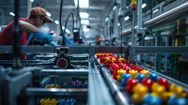 A worker in a factory monitors a conveyor belt carrying colorful toy parts.
