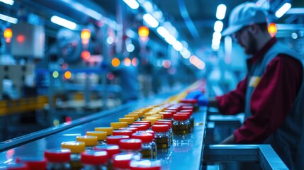 Obraz premium A worker in a factory setting oversees a conveyor belt with rows of colorful products. The image captures the busy and productive nature of industrial work.