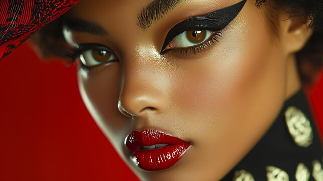 A close-up portrait emphasizing bold makeup with striking eyeliner and red lipstick set against a vibrant red background, ideal for beauty and fashion editorials or advertisements,