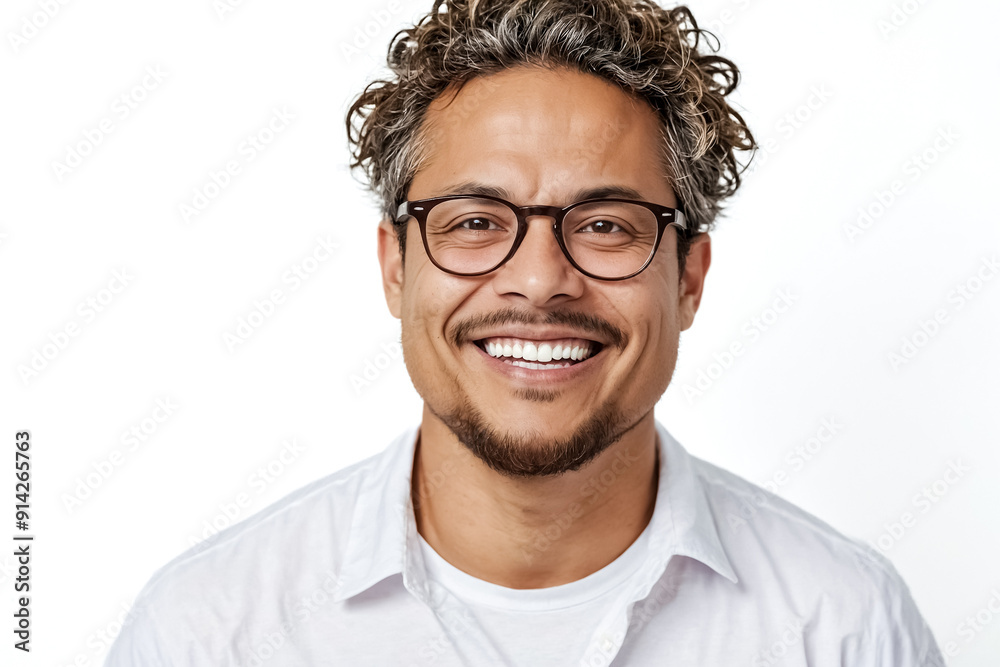 Poster Portrait of a smiling man with curly hair and glasses