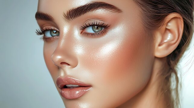 A close-up of a woman with flawless, glowing skin, perfectly shaped eyebrows, and natural makeup, ideal for beauty and skincare campaigns, makeup tutorials, and cosmetic product advertisements,