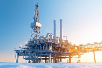 Oil platform in a snowy landscape, showcasing modern industrial technology against a clear sky during sunset.