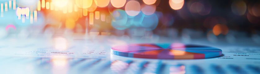 Abstract financial data visualization with colorful pie chart and blurred background, representing analysis and statistics.