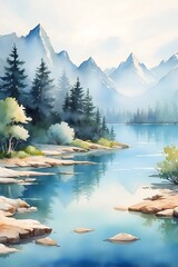 Berglandschaft Aquarell Wasserfarben Gemälde See Wasser