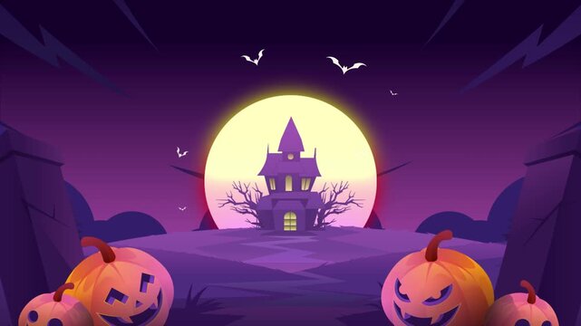 Halloween 2D animation Bats flying Scary pumpkin and zombie hand coming out of ground