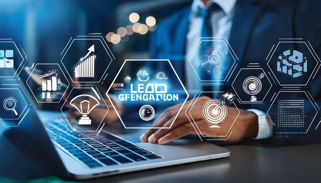 lead generation concept, analysis of financial business marketing strategies, businessman using laptop with lead generation icons on virtual  tranding
