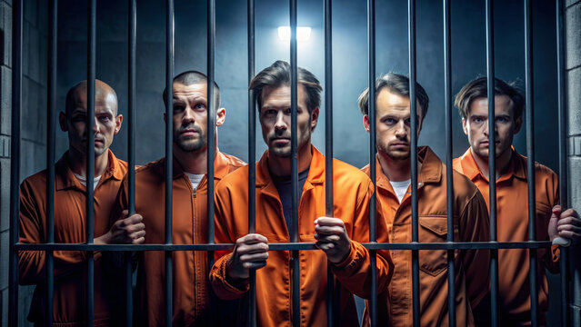 Five men in orange prison jumpsuits stand behind bars, their faces showing a mix of resignation and defiance, symbolizing imprisonment, justice, punishment, confinement, and the struggle for freedom.