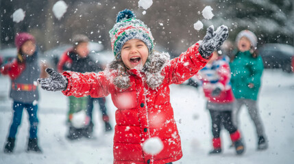 Joyful Children Playing in Snow During Winter Day at Local Park