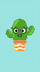 Amazed Cactus Face Pixel Art Style. Vector illustration. Pixel Art NFT.
