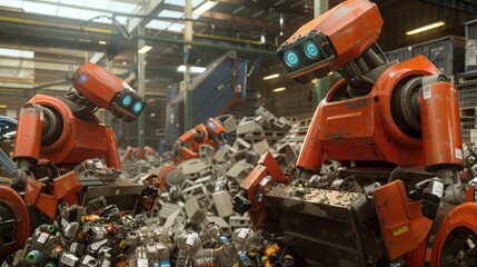 Fototapeta premium Robots are working together to sort through heaps of recyclables in a busy warehouse environment