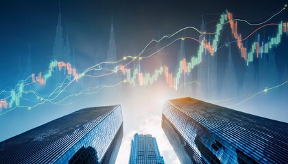 Real estate development and investing concept with digital growing financial chart candlestick skyscraper tops bottom view background,