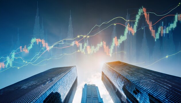 Real estate development and investing concept with digital growing financial chart candlestick skyscraper tops bottom view background, - Powered by Adobe