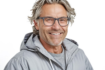 Fototapeta premium Portrait of a Smiling Man in a Grey Jacket and Glasses
