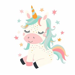 Naklejka premium A cartoon unicorn with a star on its head is sitting on a white background