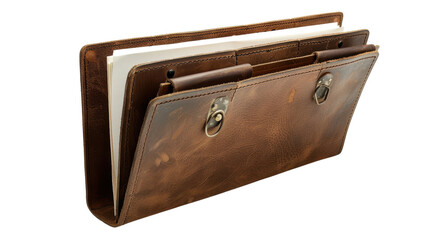 Vintage leather file folder organizer on transparent background