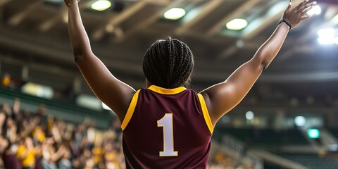 black female fan cheering in basketball stadium, blank maroon basketball jersey, yellow trim, white number "1" 