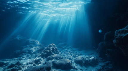 Fototapeta premium Mysterious underwater landscape with sunlight filtering through the ocean surface in a rocky marine environment
