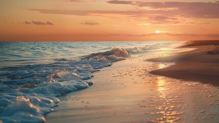 Fototapeta premium The ocean is calm and the sun is setting, creating a beautiful