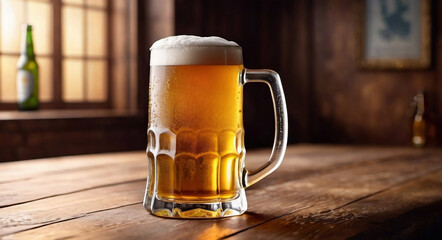 A cold mug of beer sits on a wooden table, condensation dripping down the sides. The golden liquid inside bubbles with carbon dioxide, promising a refreshing taste 