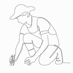 Continuous single one line art drawing of man planting and farming seed plan tree.