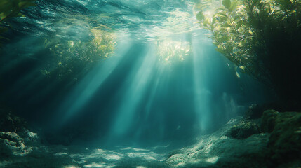 Fototapeta premium Sunlight filters through clear water in an underwater habitat, illuminating aquatic plants in a serene environment