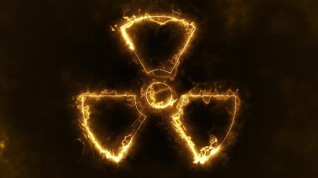 Flaming iconic trefoil radioactive symbol background animation. Danger hazard warning sign for ionizing radiation motion background