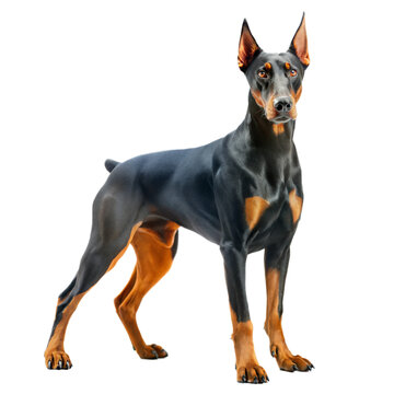 Doberman pincher standing and looking at camera, isolated on white background 