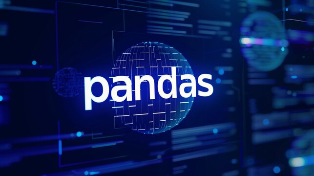 The image depicts the word 'pandas' with a digital, data-centric background, symbolizing the Pandas data analysis and manipulation tool in Python.