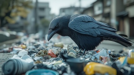 ゴミを漁るカラス