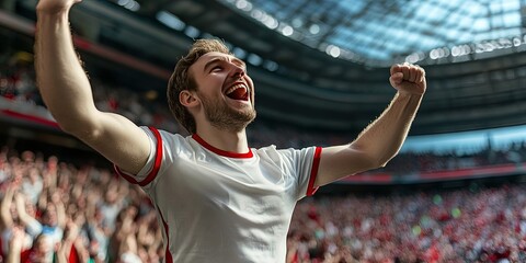 British fan cheering in stadium, white shirt with red trim,
