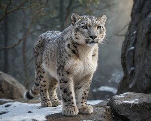 Obraz premium Majestic Snow Leopard in Misty Forest