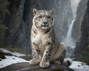 Obraz premium Majestic Snow Leopard in Mountainous Landscape
