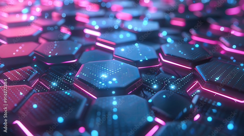 Poster vibrant hexagonal pattern with glowing neon lights. a futuristic design showcasing intricate details