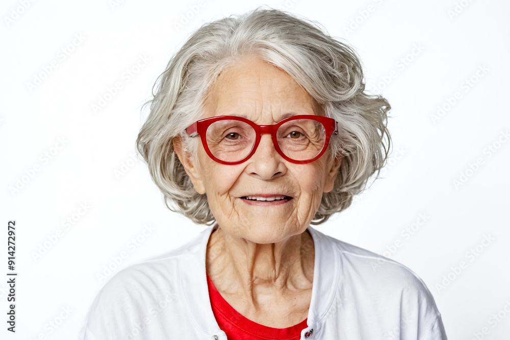 Poster Happy Senior Woman With Red Glasses Smiling