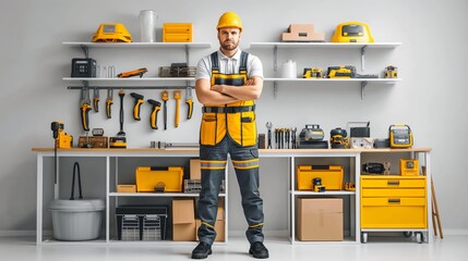 A confident man stands ready in his workshop, surrounded by a plethora of neatly organized tools.