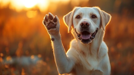 A joyful dog raises its paw for a high five amidst a glowing sunset backdrop.